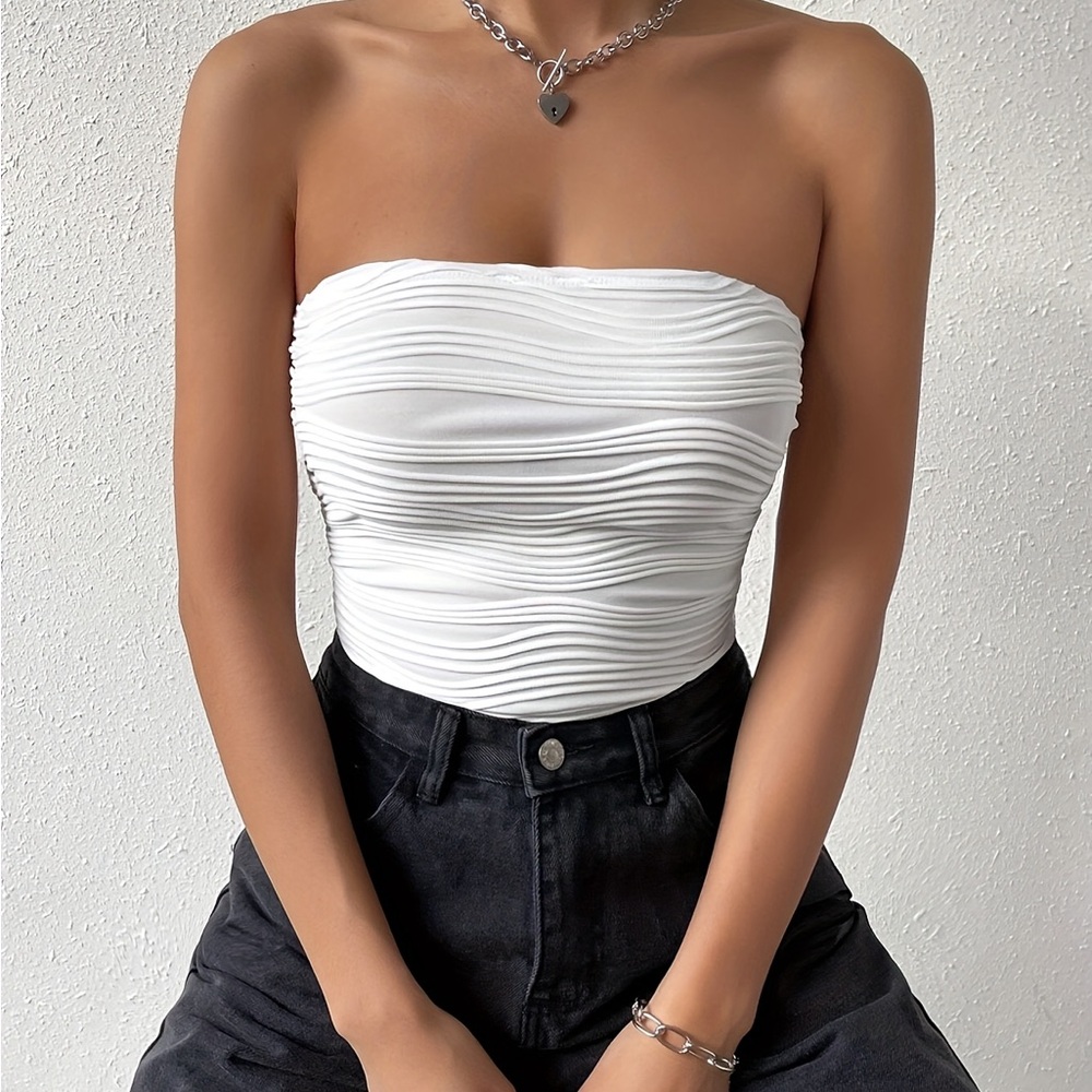White Strapless Ruched Top